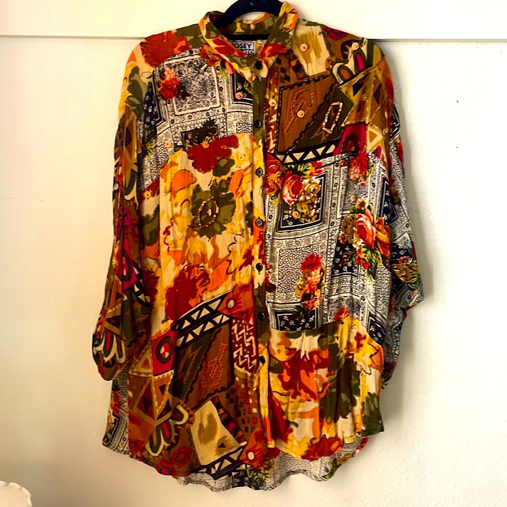Vintage rayon mixed media patchwork long sleeve button down by Rosey Tomato